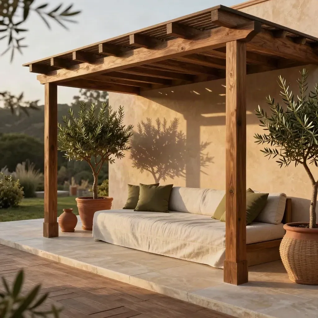 Pergola in legno su terrazza in pietra con sedute in lino e ulivi in vaso.