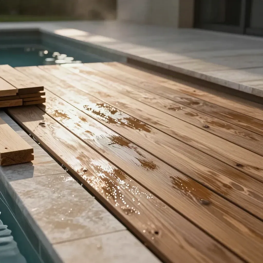 Deck in legno bagnato a bordo piscina, con canalina di scolo e sfridi di tavole, luce radente.