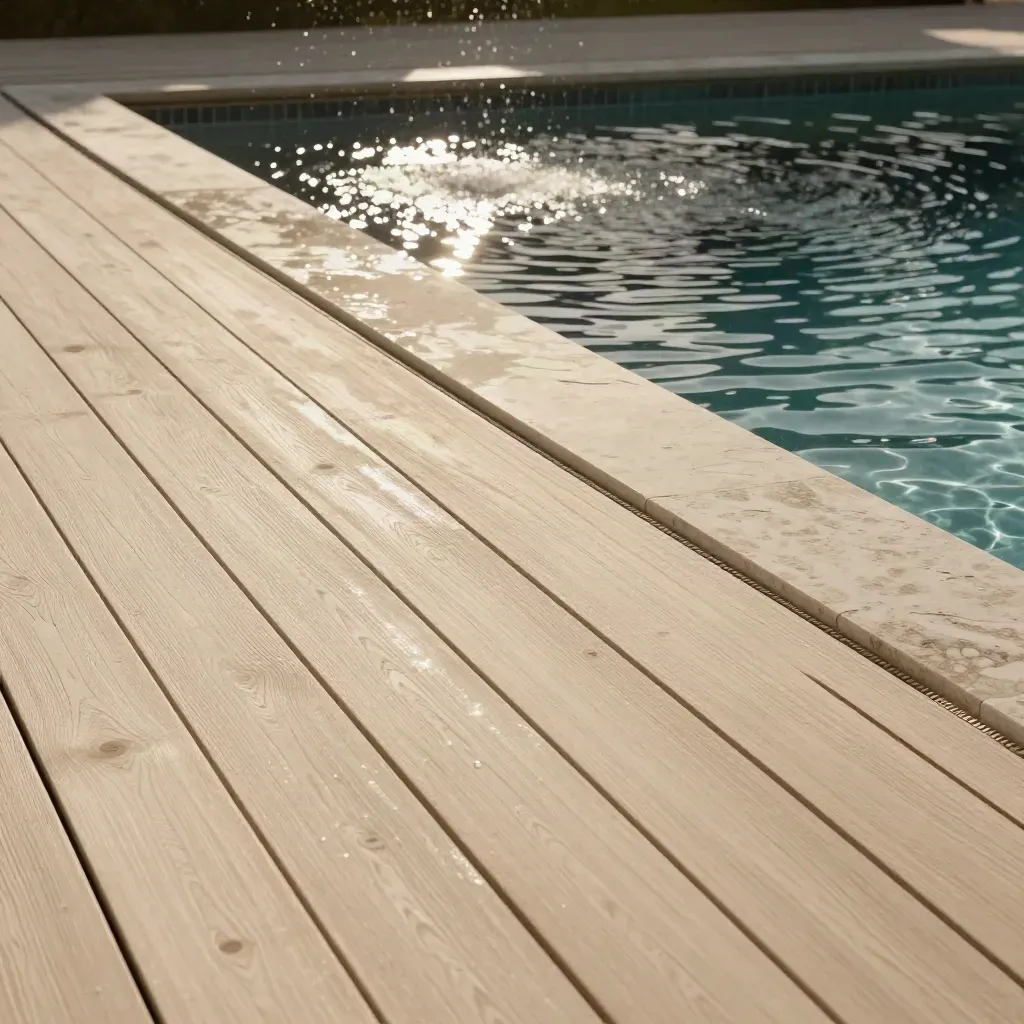 Deck in legno a bordo piscina con acqua in movimento e riflessi di sole.