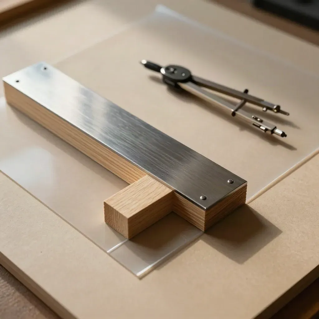 Film da disegno trasparente, connettore in legno e compasso su piano sabbia in luce radente.
