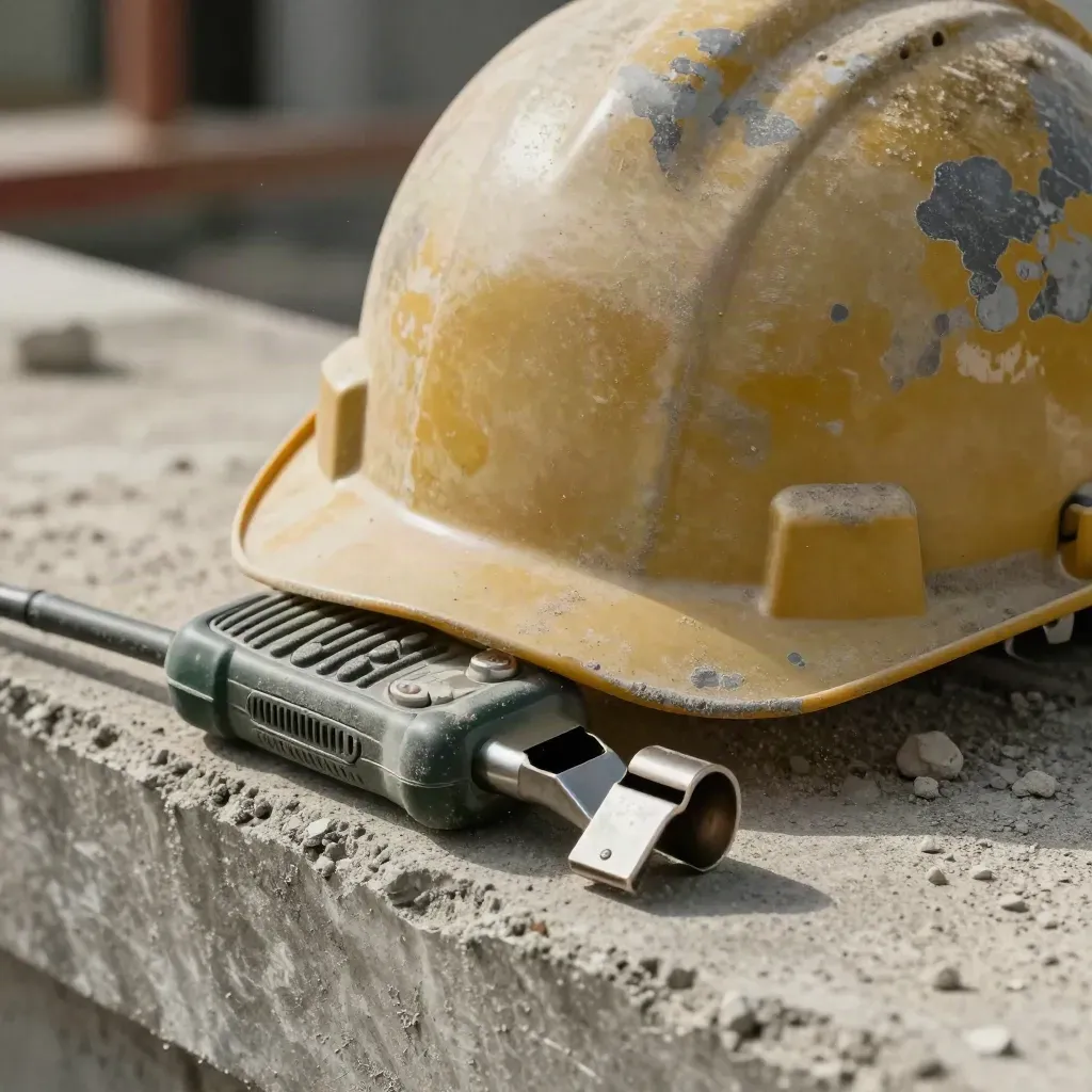 Casco, radio e fischietto da cantiere su cemento, polvere e luce radente.