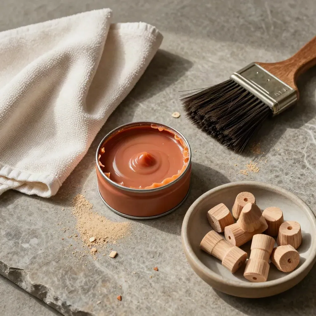 Kit di manutenzione per legno su pietra, con cera, spazzola e panno.