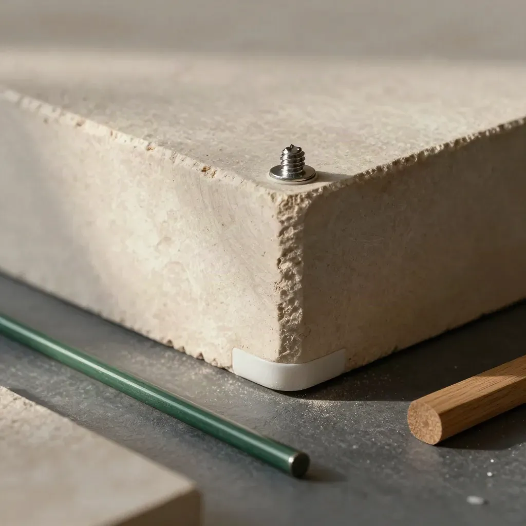 Giunto d’angolo in legno con viti e base sigillata su pietra chiara, luce morbida laterale.